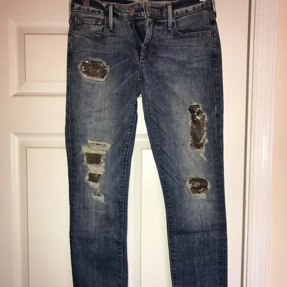 True Religion Casey Low Rise Super Skinny Jean in Blue with Gold Sequins Size 27